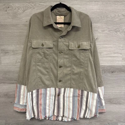 Woman’s Button-Up Corduroy Shacket Faux Overlay Long Sleeve Khaki 2XL - Image 1 of 4