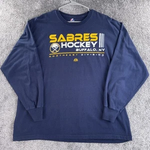 BUFFALO SABERS HOCKEY SHIRT MAJESTIC UOMO XL MANICA LUNGA COTONE TEE BLU NHL - Foto 1 di 8