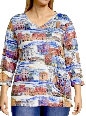 ALI MILES CITYSCAPE ITÁLIA TOP 1X FUNKY MOD ART MAXIMALIST 3/4 SLV BOLSO GOLA V - Imagem 1 de 4