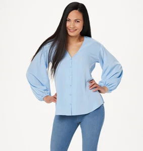 Laurie Felt Women's Button Down Blouse with Ruched Sleeves, Baby Blue, XS - Picture 1 of 5