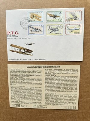 Rhodesia 1978 FDC (61) Airplane 75th Anniv #408-413 +Wright's Flyer Cachet +Card - Image 1 of 2