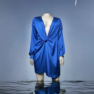 Fashion Nova Deep V-Neck Sugar Free Deep V Knot Front Blue Dress Sz L Night Club - Picture 1 of 6