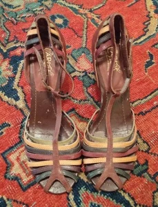 Carlos Santana Women's Leather Whiskey Brown/Multi-Color Strappy Caged Heels 6.5 - Picture 1 of 9