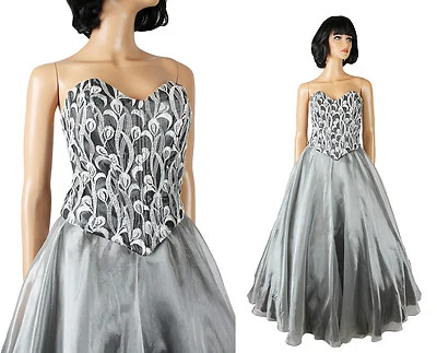 Vestido de graduación vintage XS 80s 90s plateado chifón encaje largo sin tirantes vestido de baile brillante Foto 1 de 4