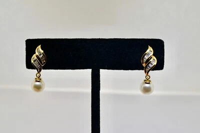 14k Vintage Gold, Pearl And Diamond Drop/Dangle Earrings. 3.6gr - Image 1 of 4