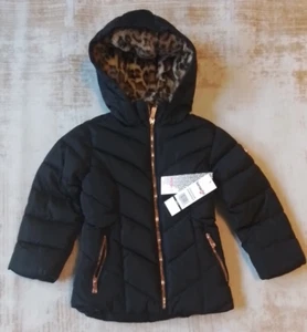 Kensie Girls Puffer Jacket Size 4 Black Hooded Leopard Fleece Lining NWT - Picture 1 of 9
