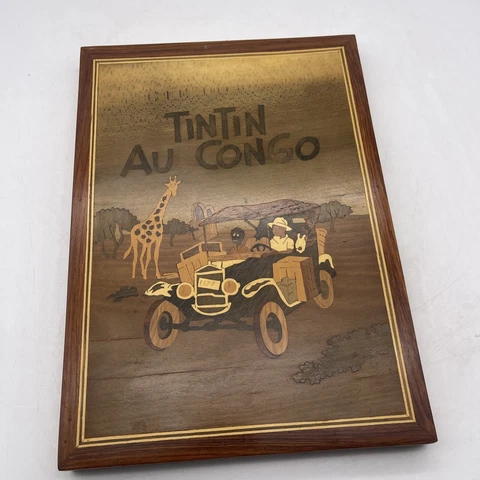 *RARE* TinTin au Congo Wall Wooden Vintage Marquetry Inlay Handmade Africa Cover
