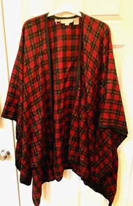 Vtg Anne Klein II Poncho Cape Shawl Wool blend Red & Black  Plaid Retro Glam O/S - Picture 1 of 6