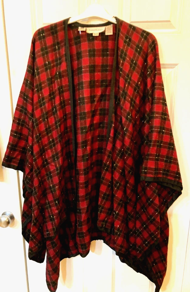 Vtg Anne Klein II Poncho Cape Shawl Wool blend Red & Black  Plaid Retro Glam O/S - Image 1 of 4