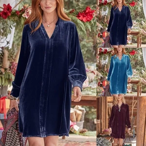 Women's Navy Velvet Long Sleeve V Neck Dress Pullover Solid Color Stretch Dress - Picture 1 of 14