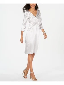 ADRIANNA PAPELL Womens Silver 3/4 Sleeve V Neck Knee Length Sheath Dress 6 - Picture 1 of 9