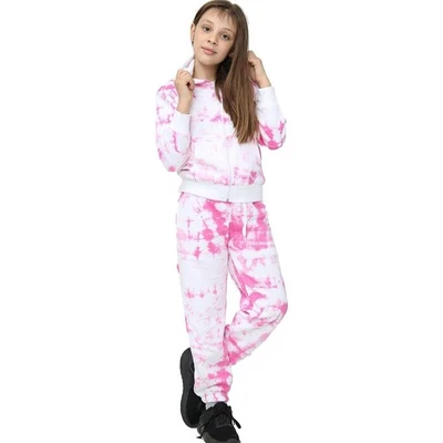 Tuta Bambina Ragazze Tie Dye Rosa Con Cappuccio E Pantaloni Da Jogging - Immagine 1 di 3