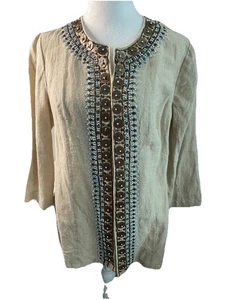 Chico's Mujer Beige Talla Med. (1) Chaqueta plumero abierta adornada con cuentas de lino - Imagen 1 de 5