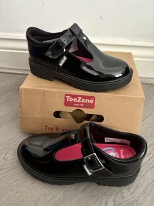 Toe Zone Girls Black Patent Leather Easy Fasten Unicorn School Shoes Size 12 NEW - Picture 1 of 9