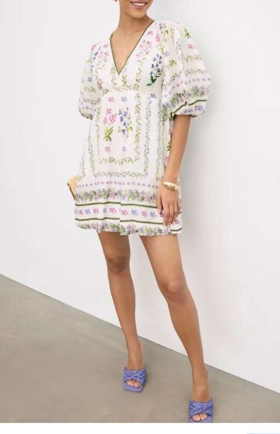 Vestido Christy Lynn Mediano Lino Floral Manga Puf Foto 1 de 4