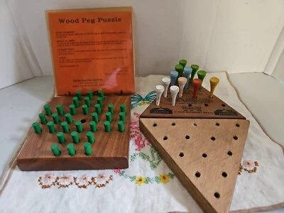 Three Vintage Old Fashioned Wood Brain Teaser Genius Strategy Peg Games - Image 1 of 4