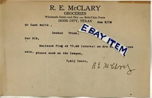 1915 Letterhead DODD CITY Texas R E McCLARY groceries Fannin County '25 Mrs WARD - Picture 1 of 2