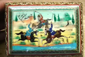 Vtg. Persian INLAY Wood Box Handpainted Warriors on Horseback 4"x3.75"x 1.5" - Picture 1 of 16