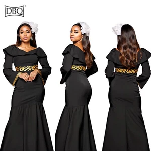 African Women Dresses Flare Sleeves Gold Embroidery Appliques Trumpet Maxi Dress - Picture 1 of 22