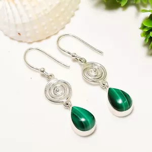 Natural Malachite Stone ~ Dangle & Drop ~ 925 Sterling Silver ~ Designer Earring - Picture 1 of 10