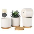 4 Inch Ceramic Plant Pot With Bamboo Saucer, White Planters Pots With Drainag...
