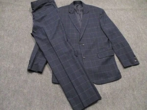 Jos A Bank Suit Men's 43R Blue Tailored Jacket Wool Blend 38x31 Pants Windowpane - Picture 1 of 24
