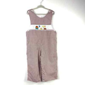 Kandyland Kids Brown Gingham Smocked Birthday Jon Jon Lion Giraffe Size 2T