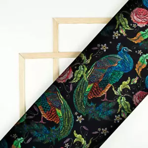 Peacock Pattern Digital Printed Black Japan Satin Fabric Cut By Yard/Meter - Picture 1 of 8