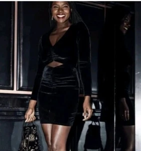 NEW Abercrombie & Fitch Velvet Cutout Ruched Mini Dress Black Long Sleeve XS - Picture 1 of 12