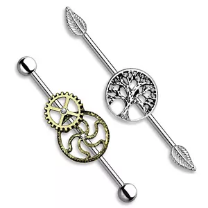 Pair of 14GA Industrial Piercings Barbells Tree of Life and Steampunk Style Bars - Picture 1 of 10