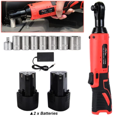 Cordless Ratchet 3/8" Right Angle Wrench Impact Power Tool w/2 Battery 7 Socket - Image 1 of 4