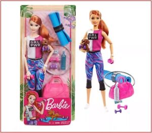 Poupée d'entraînement Barbie Fitness & CHIOT - sac tapis de yoga poids cheveux rouges ❤️NEUF ❤️