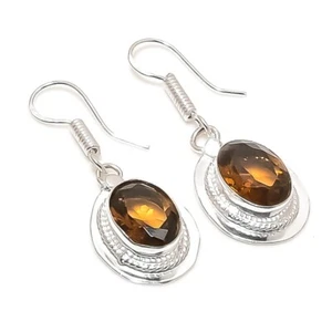 Hessonite Garnet Gemstone Handmade 925 Sterling Silver Jewelry Earring Size 1.5" - Picture 1 of 1
