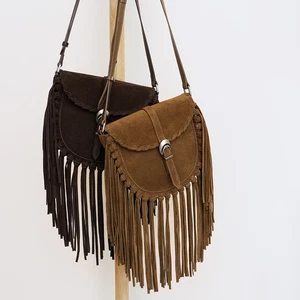 Borsa da donna retrò in vera pelle borsa a tracolla con frange a tracolla singola - Foto 1 di 22