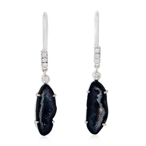 Natural Gemstone Jewelry 18K White Gold Diamond & Black Geode Drop Earrings - Picture 1 of 6