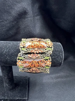Pulsera Brazalete Floral Estampado Leopardo Panel de Vidrio Ancho Estilo Boho Vintage Foto 1 de 4