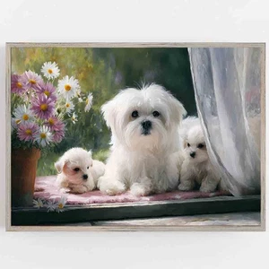 Maltese Dog with Puppies Poster Cute White Puppy Family Wall Art Floral Window - Picture 1 of 5