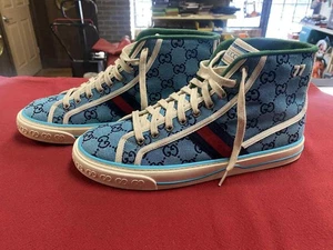 Size 9US 8+ Gucci GG Tennis 1977 High Top Sneakers Blue PPSDM 355337 - Picture 1 of 13