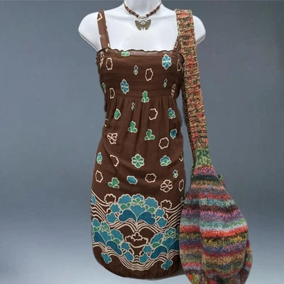 Charlotte Russe 女式 XS 缩褶迷你背心裙棕色蓝色花卉波西米亚 Y2K — 第 1/4 张图片