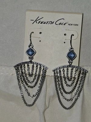 Kenneth Cole Silver Tone Chain Dangle Earrings Blue Grey Faux Stone, Signed - Image 1 of 4