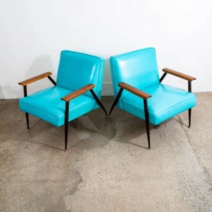 Mid Century Modern Lounge Chairs Pair Blue Aqua Oak Wood Vintage American Set NM - Picture 1 of 12