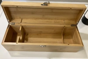 Wooden Wine Box Storage Crate Lidded with Silver Tone Hinge and Latch Etched Top - Picture 1 of 7