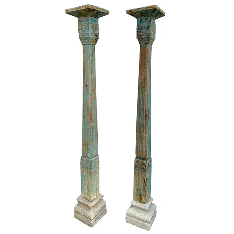 Pair Antique Indian Blue Paint Teak Limestone Architectural Columns 19th Century Cover