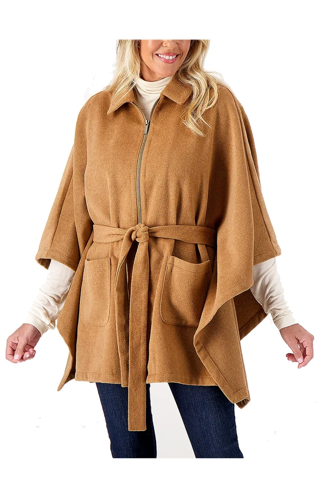 Poncho Joan Rivers Cremallera Frontal Cinturón con Cuello Camel Foto 1 de 1