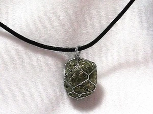 PYRITE GEMSTONE 17x 20mm WIRE WRAPPED PENDANT ON 20" BLACK CORD NECKLACE NEW - Picture 1 of 3