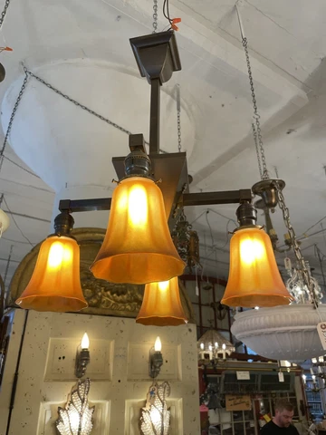 Arts & Crafts Brass Four Light Chandelier with Nu Art Glass Shades Rewired Cover