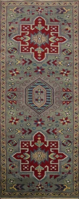 Alfombra tradicional de lana verde/gris geométrica alfombra de corredor indio kazajo 3x8 pies Foto 1 de 4