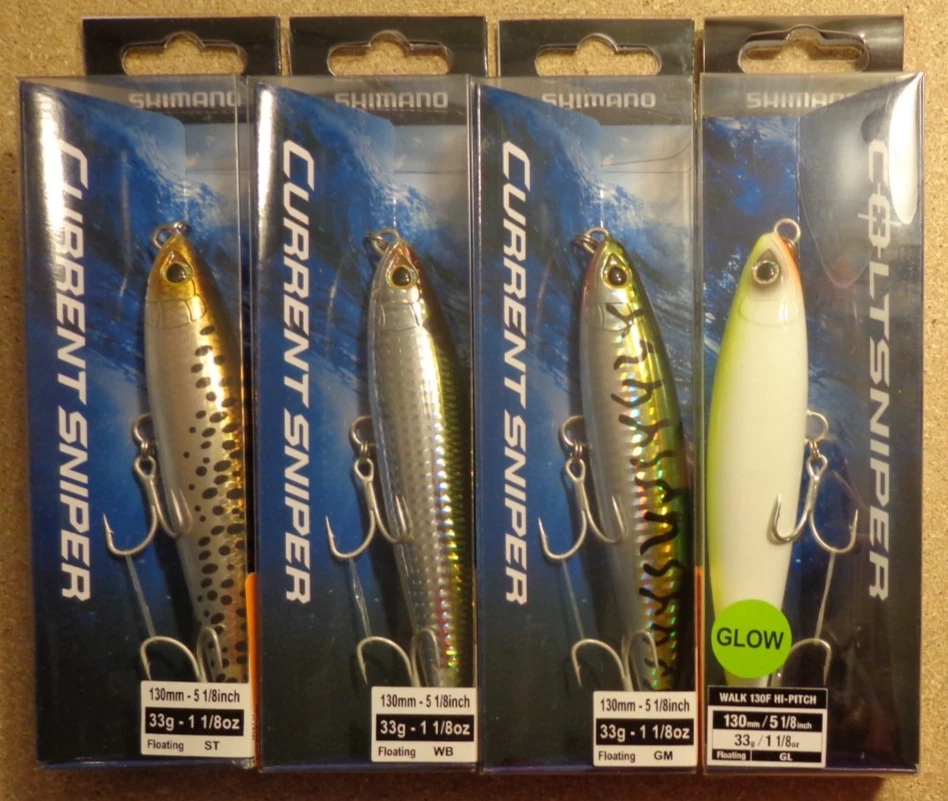 Lote de 4 nuevos señuelos de pesca diferentes Shimano Coltsniper Current Sniper Walk 130 Foto 1 de 1