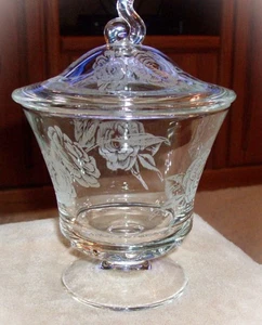 GLAS SCHMUCKSCHALE BONBONIERE GEÄTZTE ROSEN MIT STIEL MIT DECKEL - Bild 1 von 5
