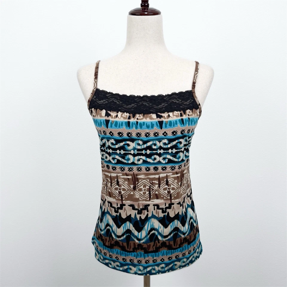 Clear Sky Top Womens M Brown Blue Geometric Lace Trim Cami Fairy Grunge Y2K USA - Image 1 of 4